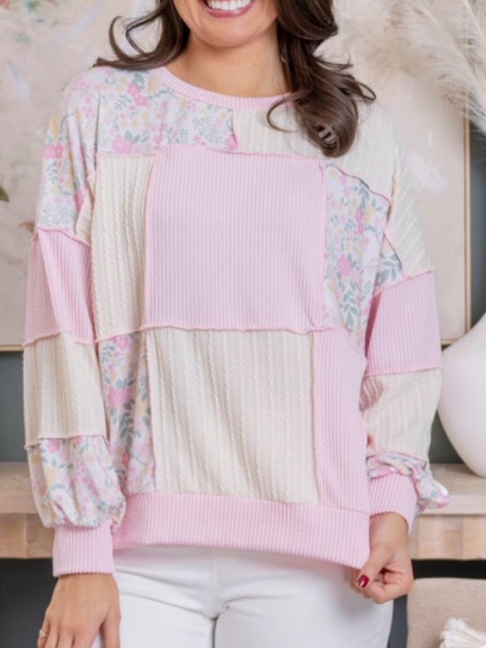 Women’s Pink Patchwork Pullover Round Neck Ling Sleeve Cable Knit Top. Small